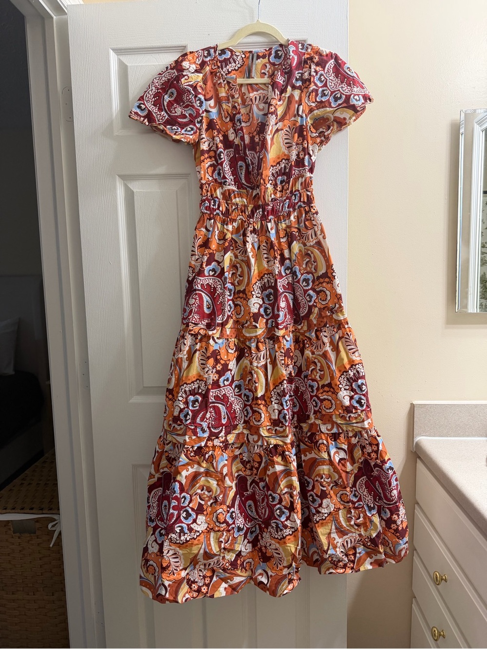 Boho Paisley Tiered Maxi Dress - Orange & Burgundy